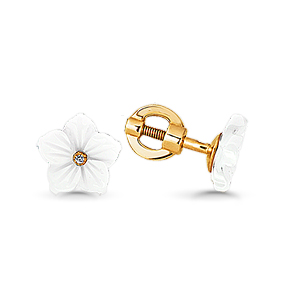 Серьги-гвоздики для девочки Цветок из золота с перламутром и бриллиантом - фото